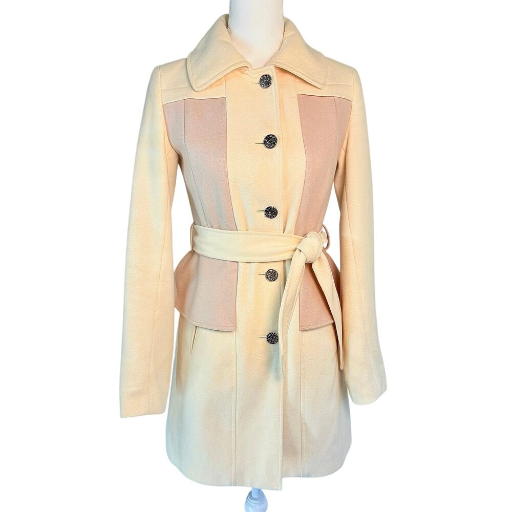 Anthropologie Coat Tailored & Fitted, Cream Wool Blend, XS 0, Retro Peplum, Belt